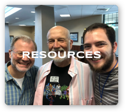 Resources button with photo of three men laughing together